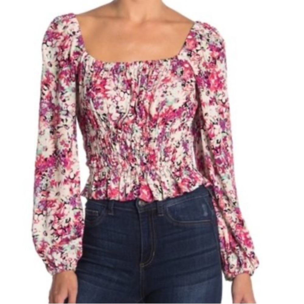 ASTR The Label Smocked Peplum Blouse Top Floral Pink Medium